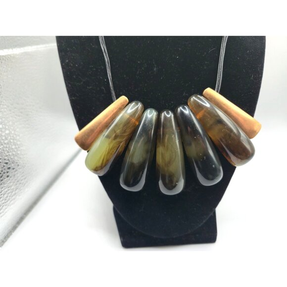 Chico’s Statement Necklace Resin Horn Drops Bronze Cord Tribal Boho - Picture 2 of 6